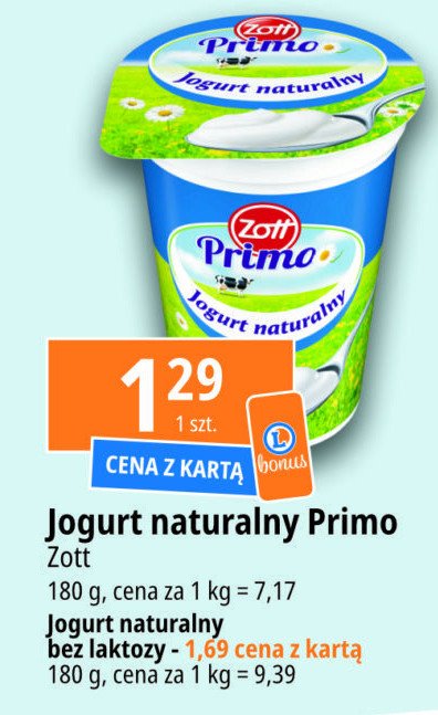 Jogurt naturalny bez laktozy Zott primo promocja w Leclerc