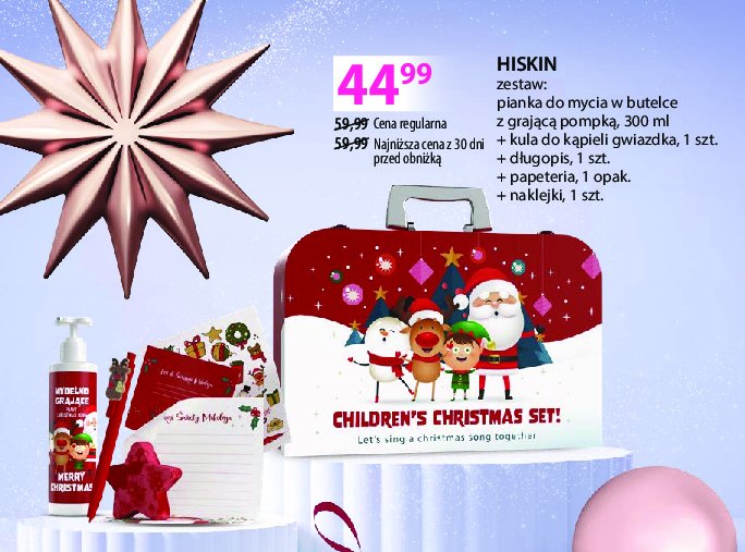 Zestaw children's christmas set: pianka do mycia z grającą pompką 300 ml + kula do kąpieli gwiazdka + długopis + papeteria + naklejki Hiskin promocja w Hebe