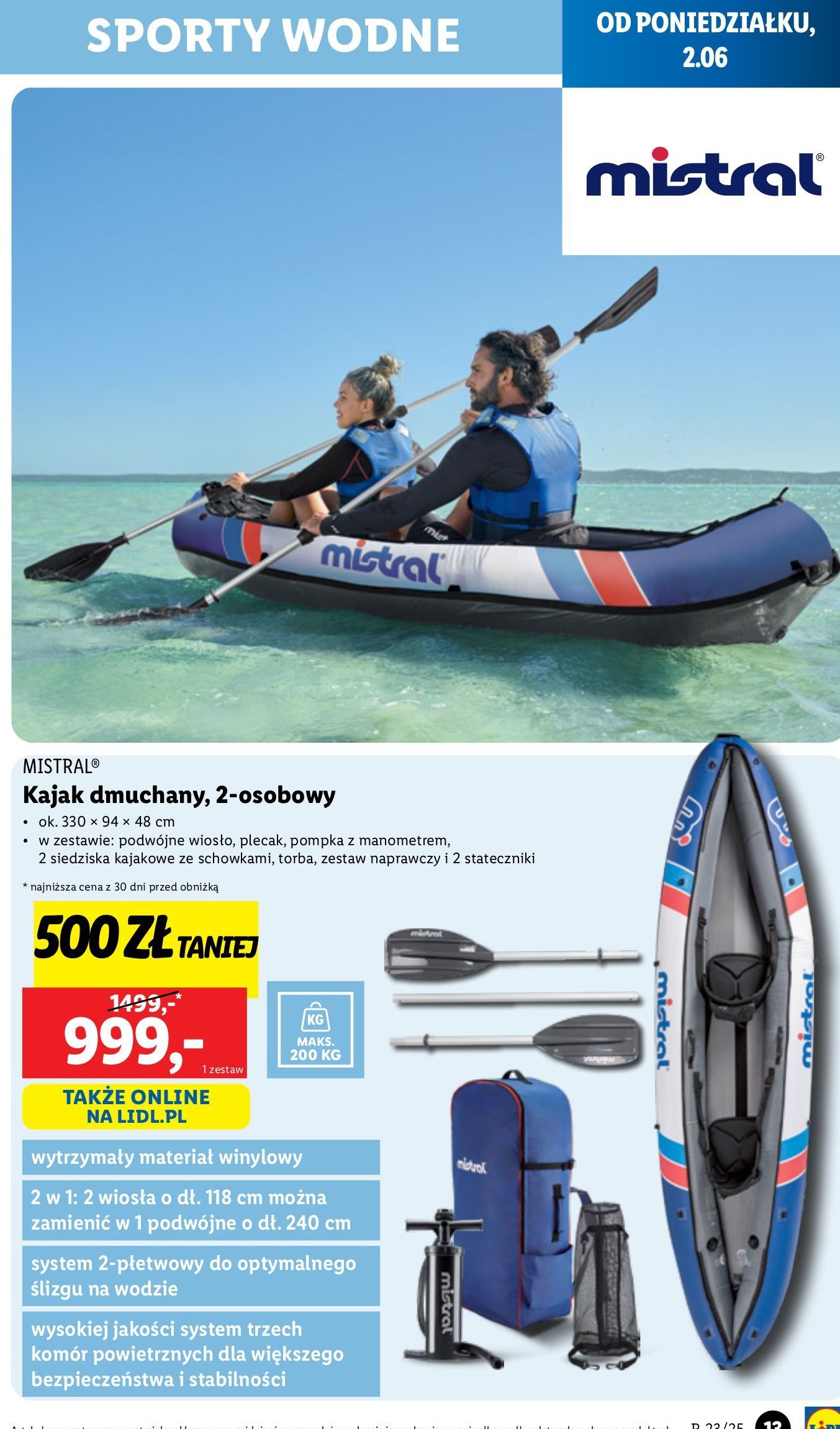 Kajak pompowany dwuosobowy z wiosłami Mistral promocja w Lidl