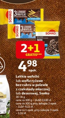 Lekkie wafle lub wafle ryżowe bez cukru w polewie z czekolady mlecznej lub deserowej, Sonko, 58 g promocja w Auchan