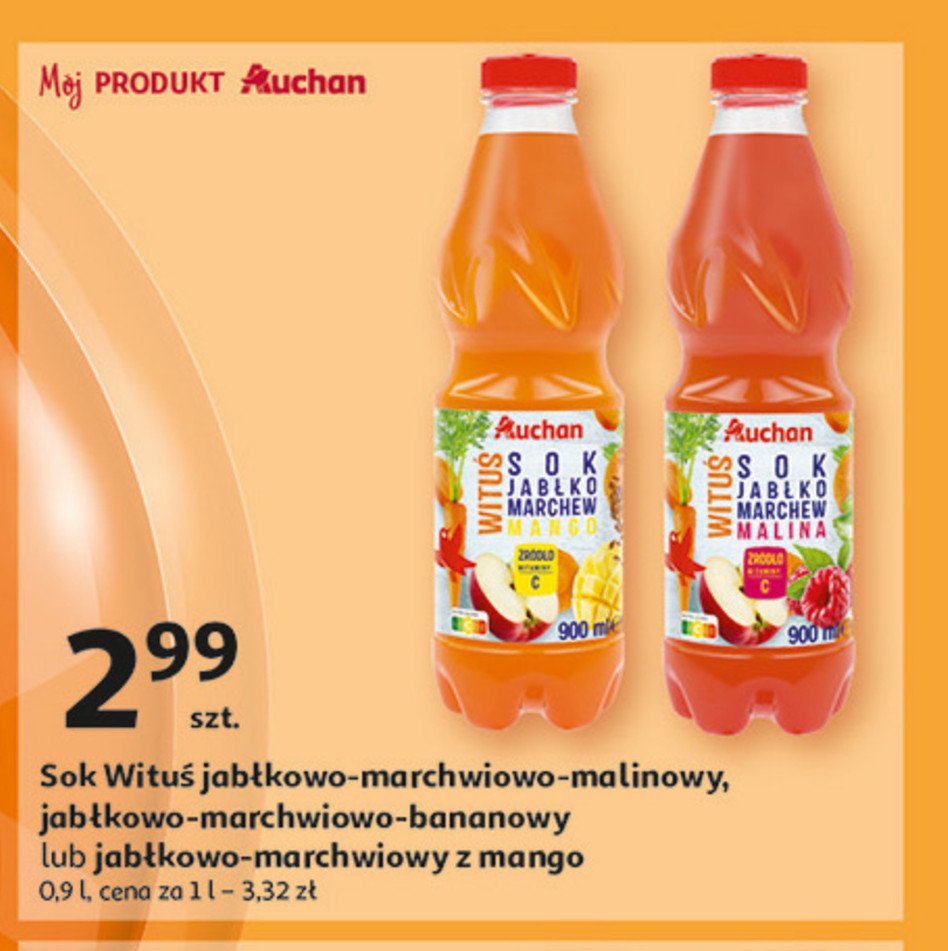 Sok jabłko marchew malina Auchan różnorodne (logo czerwone) promocja