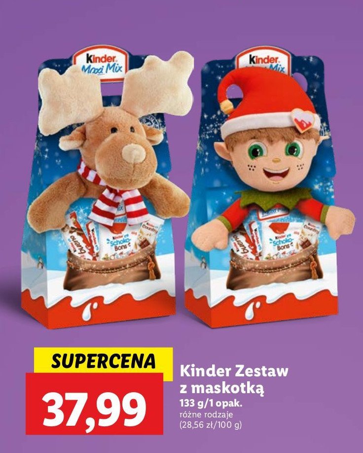 Zestaw świąteczny + maskotka renifer Kinder maxi mix promocja w Lidl