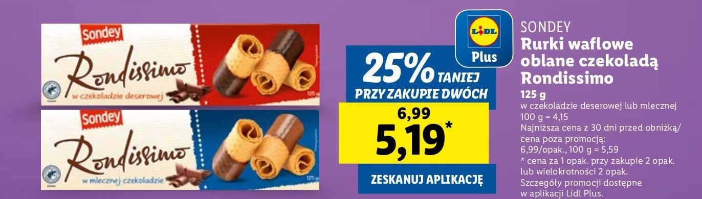 Rurki waflowe w czekoladzie mlecznej Sondey promocja