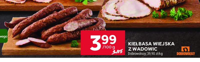 Kiełbasa wiejska z wadowic Dobrowolscy promocja w Stokrotka