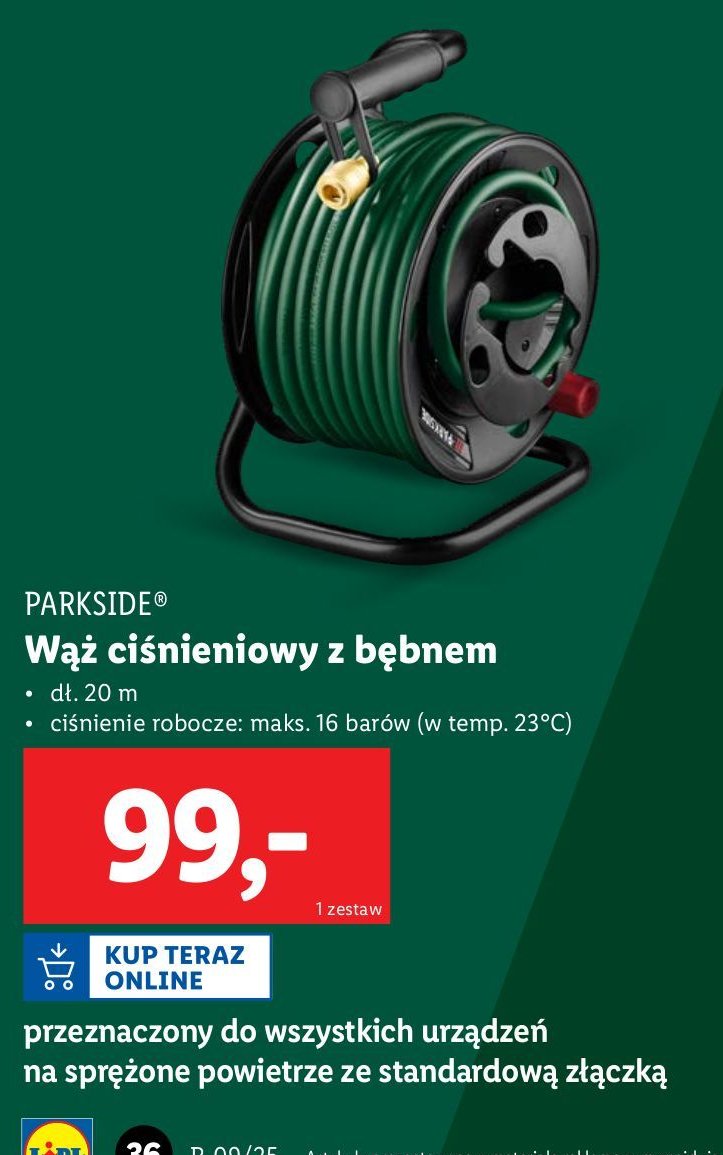 Wąż na sprężone powietrze z bębnem 20 m Parkside promocja