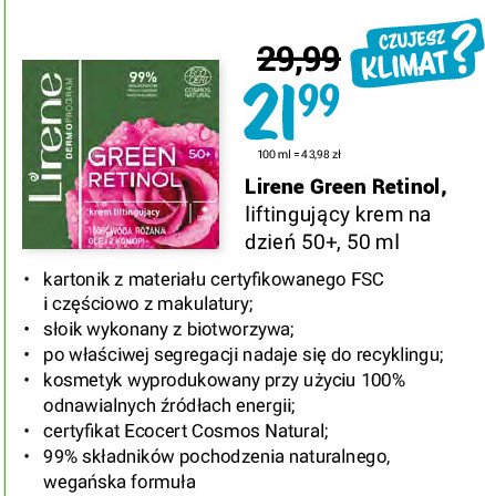 Krem liftingujący woda różana i olej z konopii 50+ Lirene green retinol promocja