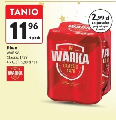Piwo WARKA Classic 1478 4 x 0,5 l, 5,98 zł / 1 l promocja w Intermarche