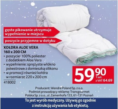Kołdra Aloe Vera 160 x 200 cm promocja w Selgros