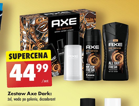 Zestaw w kosmetyczce dark temptation: żel pod prysznic 250 ml + dezodorant 150 ml + woda toaletowa 50 ml Axe zestaw promocja