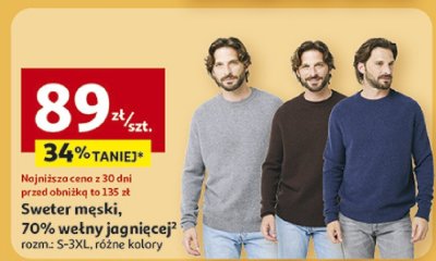 Sweter męski, 70% wełny jagnięcej promocja w Auchan