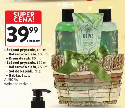 Zestaw kosmetyczny AURORA Olive żel pod prysznic 180 ml + balsam do ciała 180 ml + krem do rąk 60 ml + żel pod prysznic 180 ml + balsam do ciała 250 ml + sól do kąpieli 70 g + gąbka 1 szt. promocja w Intermarche
