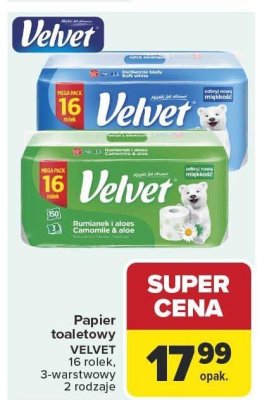 Papier toaletowy 16 rolek, 3-warstwowy, 2 rodzaje Velvet promocja w Carrefour Market