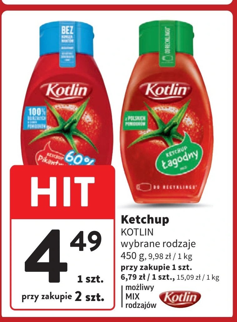 Ketchup pikantny 60% mniej kalorii Kotlin promocja w Intermarche