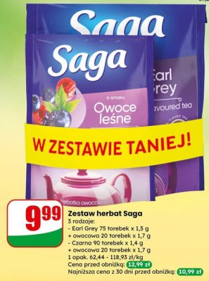 Zestaw herbat Saga 3 rodzaje: Earl Grey 75 torebek x 1,5 g + owocowa 20 torebek x 1,7 g, Czarna 90 torebek x 1,4 g + owocowa 20 torebek x 1,7 g promocja w Dino