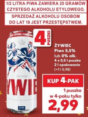 Piwo Żywiec 5,5% lub 0% alk. 4x0,5l puszka 2l promocja w Kaufland