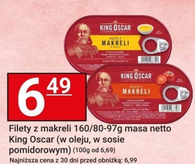 Filety z makreli 160/80-97g masa netto King Oscar (w oleju, w sosie pomidorowym) promocja w Hitpol