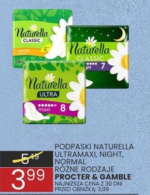 Podpaski NATURELLA ULTRAMAXI, NIGHT, NORMAL RÓŻNE RODZAJE PROCTER & GAMBLE promocja w Wafelek