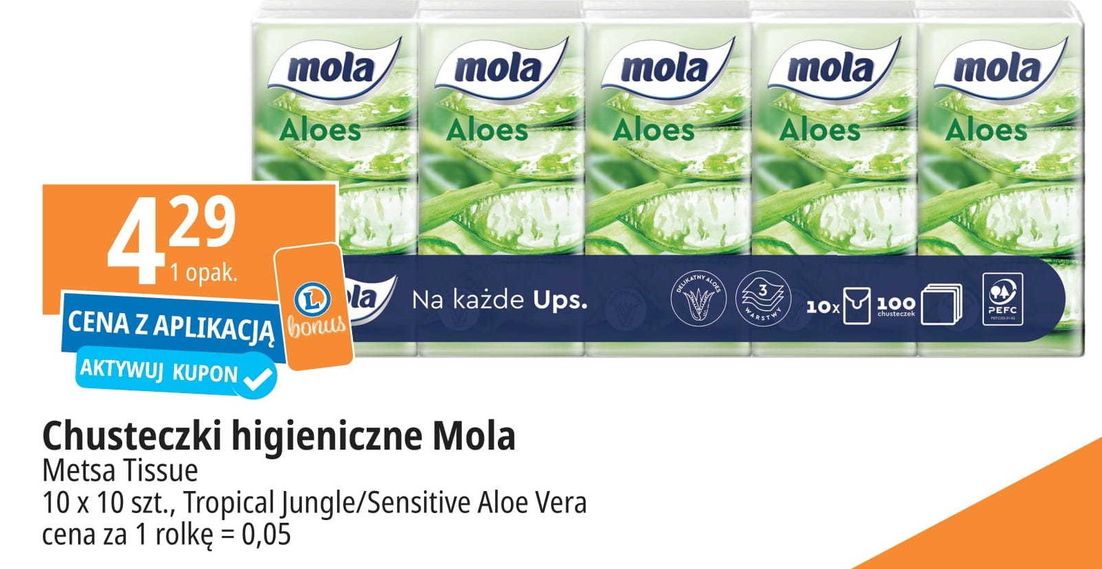 Chusteczki higieniczne tropical jungle Mola promocja w Leclerc