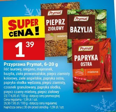 Przyprawa Prymat (pieprz ziołowy, bazylia, pieprz czarny, mielony, pieprz cayenne, czosnek granulowany, papryka słodka, pieprz czerwony mielony, majeranek) promocja w Twój Market