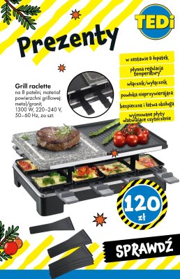 Grill raclette na 8 patelni, materiał powierzchni grillowej: metal/granit, 1300 W, 220-240 V, 50-60 Hz promocja w Tedi