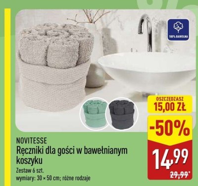 Ręczniki dla gości w bawełnianym koszyku NOVITESSE - Zestaw 6 szt. wymiary: 30 × 50 cm; różne rodzaje promocja w Aldi