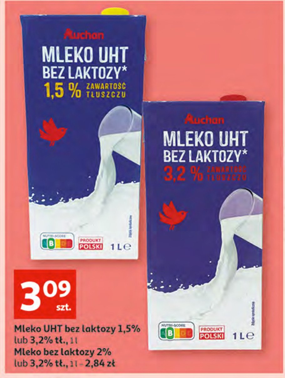 Mleko 2% bez laktozy Auchan różnorodne (logo czerwone) promocja