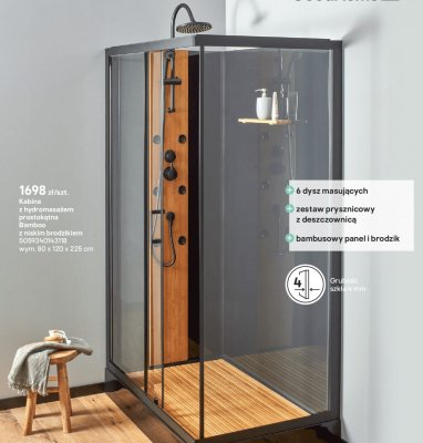 Kabina prysznicowa z hydromasażem prostokątna Bamboo z niskim brodzikiem promocja w Castorama