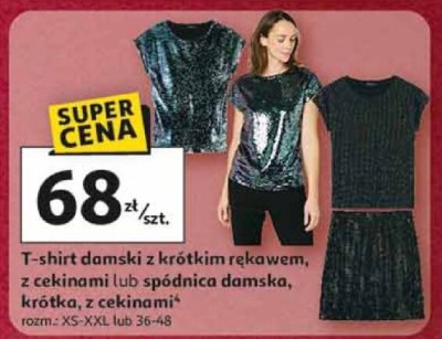T-shirt damski z krótkim rękawem, z cekinami lub spódnica damska, krótka, z cekinami rozm. XS-XXL lub 36-48 promocja w Auchan