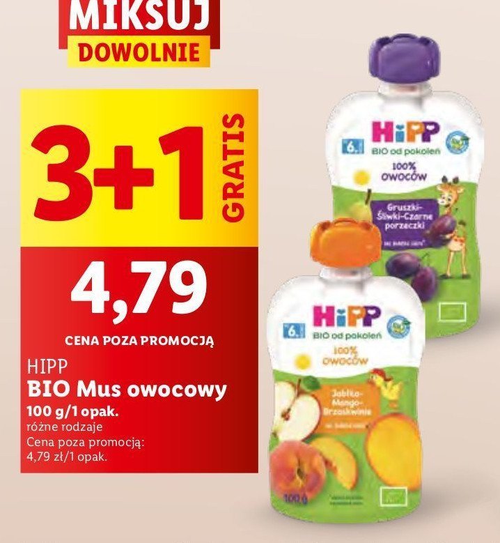 Mus owocowy gruszki-śliwki-czarne porzeczki Hipp hippis promocja