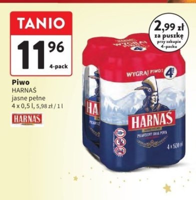Piwo HARNAŚ jasne pełne 4 x 0,5 l, 5,98 zł / 1 l promocja w Intermarche
