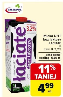 Mleko UHT bez laktozy ŁACIATE 1l zaw. tł. 3,2% promocja w Carrefour