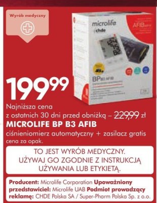 Ciśnieniomierz automatyczny MICROLIFE BP B3 AFIB + zasilacz gratis promocja w Super-Pharm