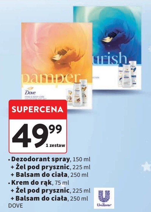 Zestaw w pudełku purely pampering żel pod prysznic 250 ml + balsam do ciała 250 ml + krem do rąk 75 ml Dove zestaw promocja