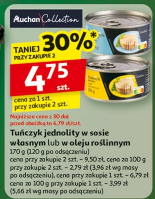 Tuńczyk jednolity w sosie własnym pomidorowym 170g (120g po odsączeniu) promocja w Auchan