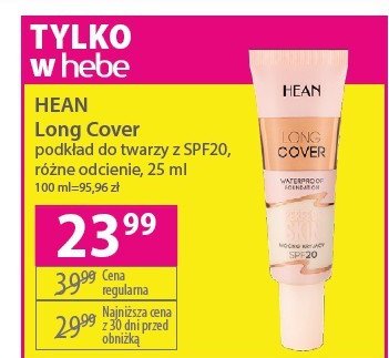 Podk艂ad do twarzy spf20 Hean long cover Hean cosmetics promocja