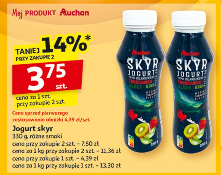 Jogut pitny skyr truskawka-aloes-kiwi Auchan różnorodne (logo czerwone) promocja w Auchan