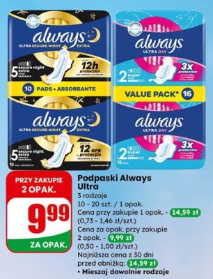 Podpaski Always Ultra Day promocja w Dino