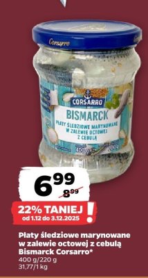 Płaty śledziowe marynowane w zalewie octowej z cebulą Bismarck Corsarro promocja w Netto