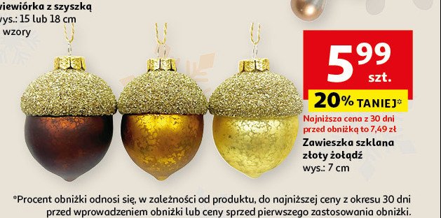 Zawieszka szklana złoty żołądź 7 cm Actuel promocja w Auchan