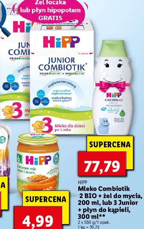 Mleko 3 combiotik junior 2 x 550 g + p艂yn do k膮pieli hipopotam 300 ml Hipp zestaw promocja