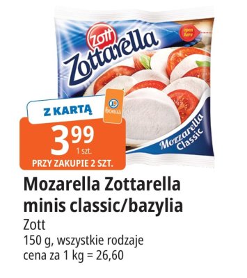 Mozarella Zottarella minis classic/bazylia Zott promocja w Leclerc
