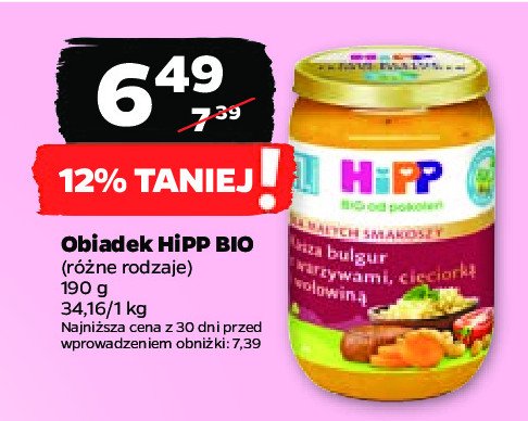 Obiadek kasza bulgur z warzywami cieciork膮 i wo艂owin膮 Hipp promocja