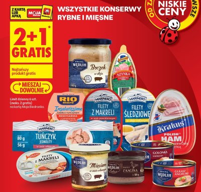 Konserwa rybna/mięsna wszystkie rodzaje 2+1 GRATIS promocja w Biedronka