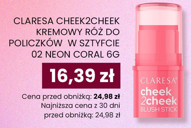 Kremowy róż do policzków w sztyfcie 02 neon coral Claresa cheek2cheek promocja w Dino