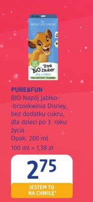 Napój BIO jabłko-brzoskwinia Disney bez dodatku cukru dla dzieci po 3 roku życia PURE&FUN promocja w Drogerie DM