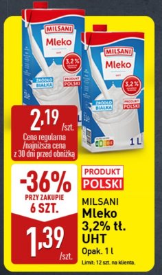 Mleko Milsani 3,2% tł. UHT promocja w Aldi
