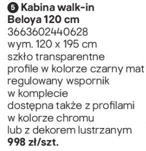Kabina prysznicowa walk-in Beloya 120 cm promocja w Castorama