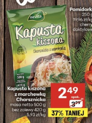 Kapusta kiszona z marchewką Charsznicka Nevita masa netto 500g bez zalewy 420g 5.93 zł/kg promocja w Delikatesy Centrum