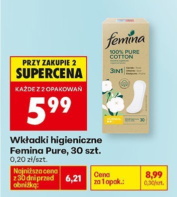 Wkładki higieniczne Pure 30 szt. promocja w Biedronka