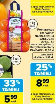 Pomarańcze czerwone SANGUINELLI SANLUCAR siatka 1 kg promocja w Carrefour Market